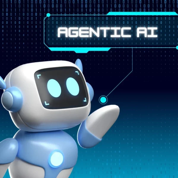 Futuristic stylized robot labeled ‘AGENTIC AI’, set against a glowing digital grid background, conveying autonomous AI decision-making.