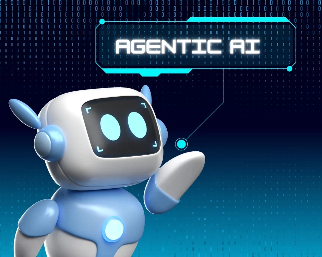 Futuristic stylized robot labeled ‘AGENTIC AI’, set against a glowing digital grid background, conveying autonomous AI decision-making.